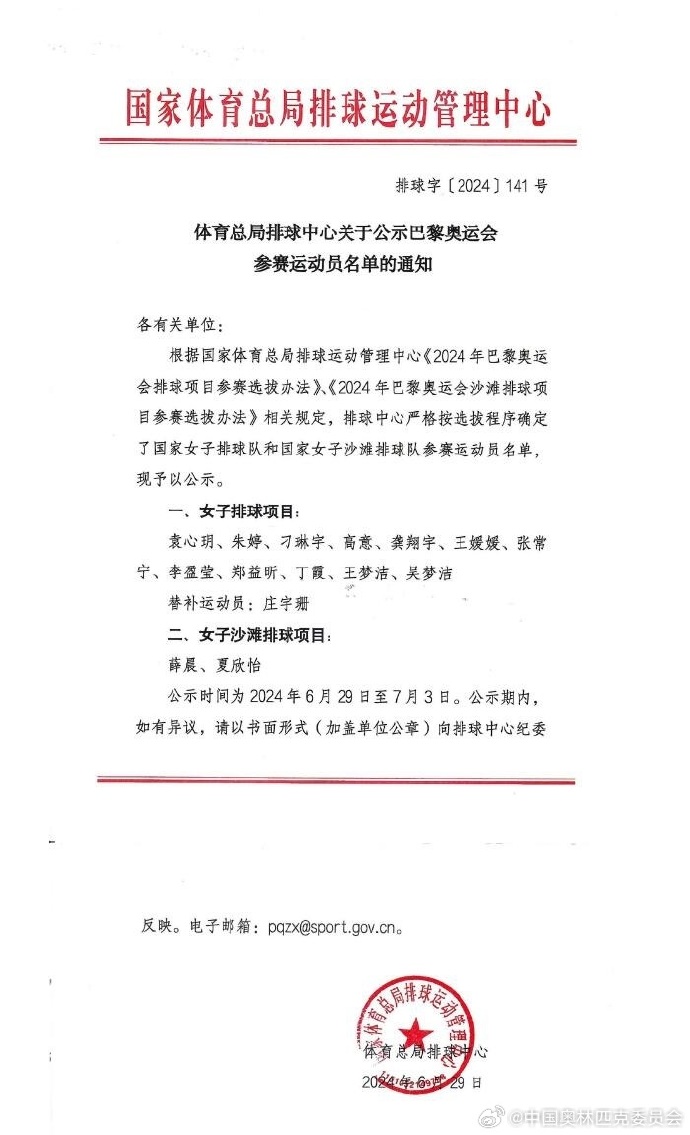 中国女排公布巴黎奥运参赛名单：朱婷、张常宁入选