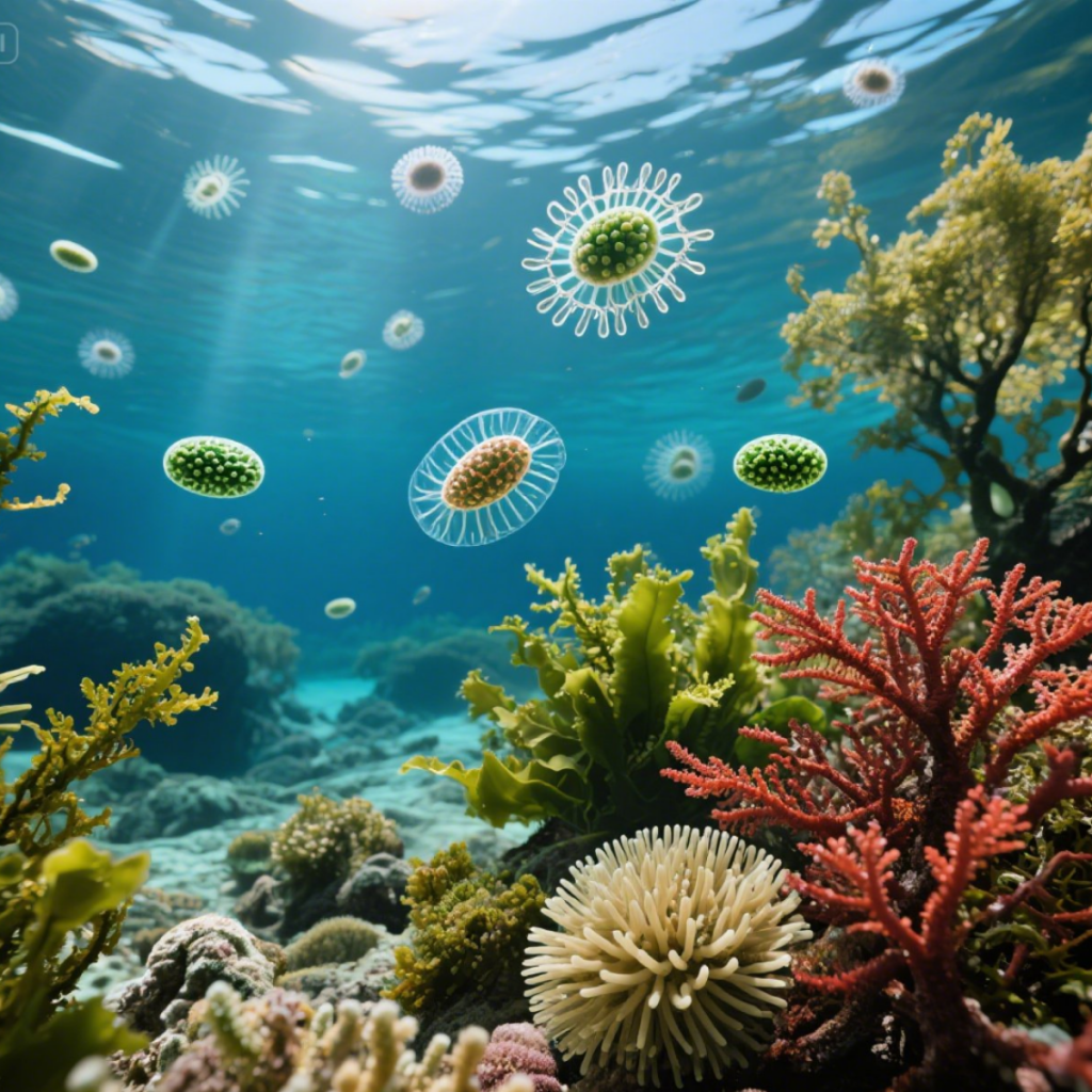 由浮游生物、细菌、海藻、盐沼植物和红树林等海洋生物完成.jpeg