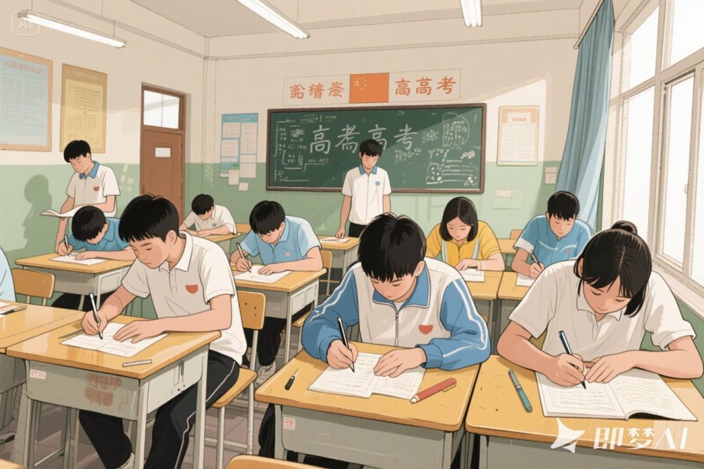 jimeng-2025-06-11-7952-高考，一些高中生在教室里考试，手绘.jpeg