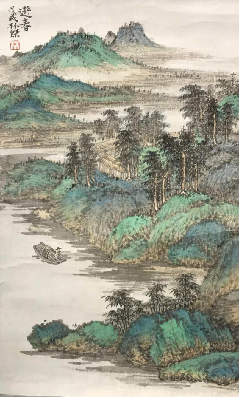  林杰《游春》：老者船上览胜，画面精炼，充满了青绿山水的灵动