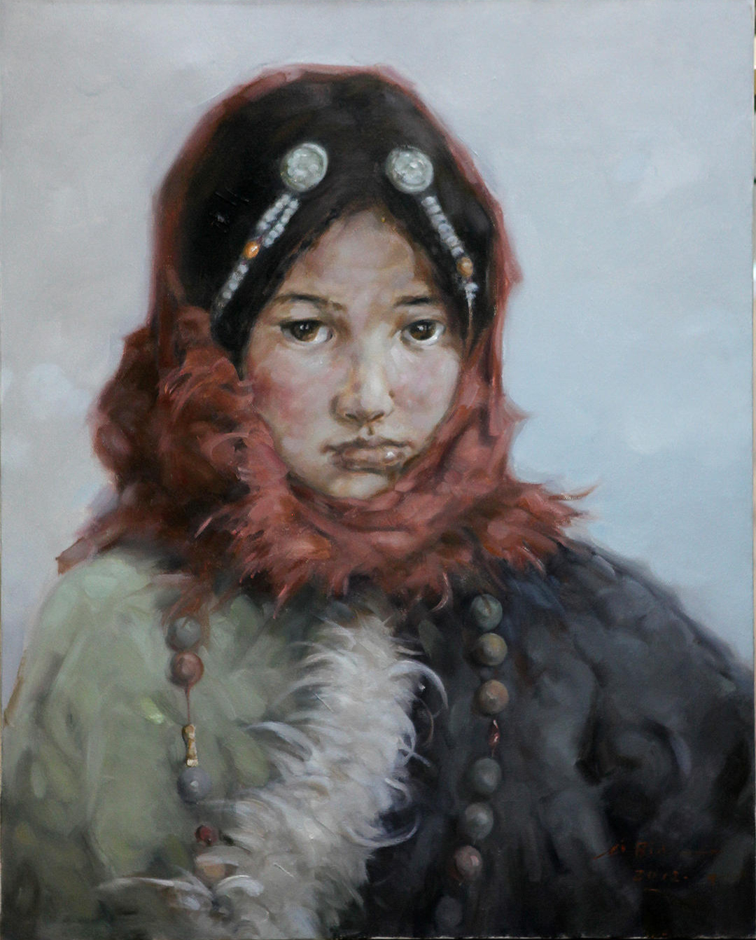  李滨刻画藏族女孩油画展现纯真与坚定