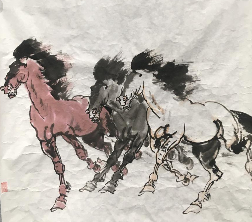  孙志钧画三马展万马奔腾气势
